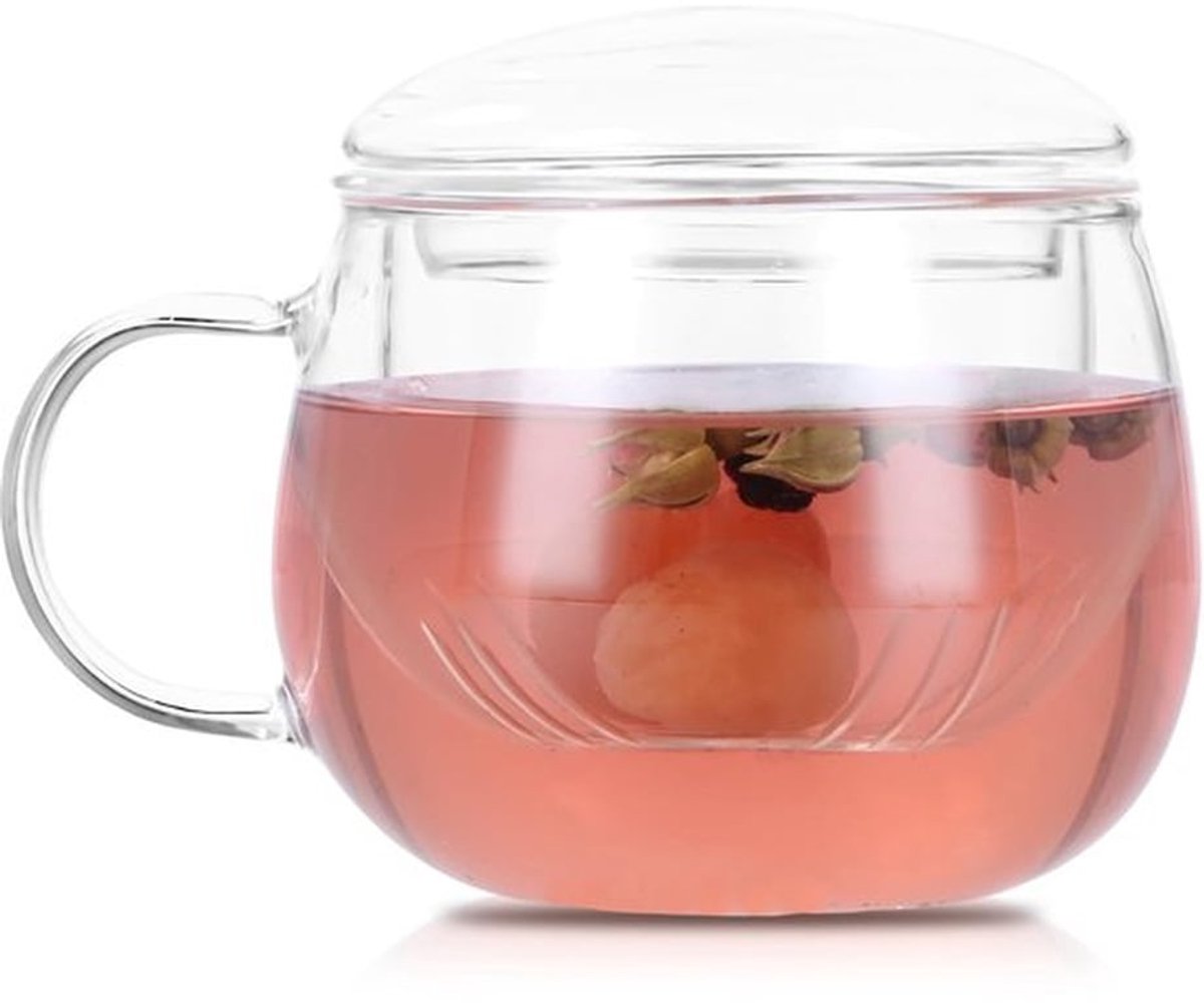 Theeglas met deksel en zeef 350 ml Borosilicaat All-in-One theegläser met handvat, hittebestendig glazen theekop voor losse theeblaadjes, drankjes, ijs, koffie, theezakjes