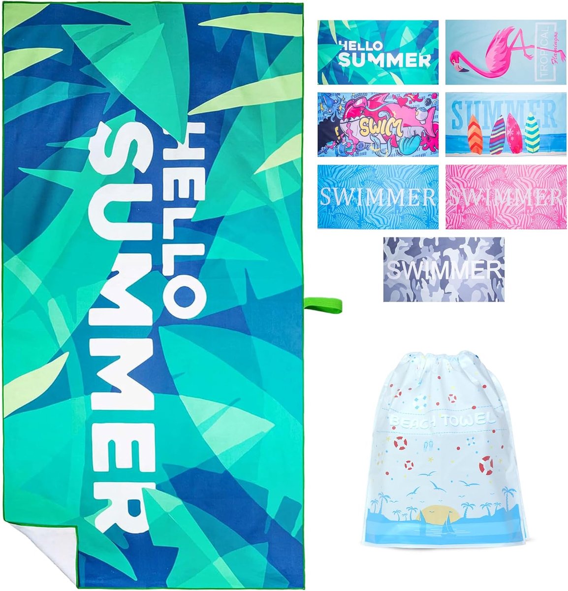 SnelShoppen - Grote Microfiber Strandhanddoek 180x90cm, Sneldrogend, Zandvrij, Perfect voor Strand, Zwembad, Camping en Tuin in 7 Kleurrijke Prints