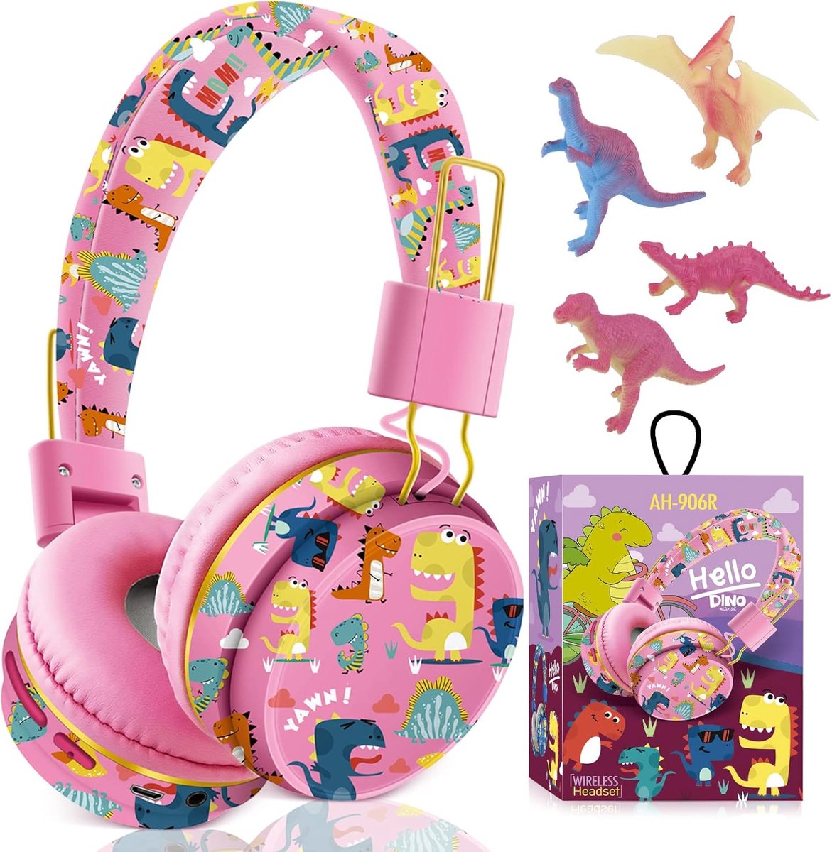 SnelShoppen - Draadloze Bluetooth Kinderhoofdtelefoon Eenhoornkop Roze-Dino met Microfoon, Perfect voor iPad, Feest, en Reizen