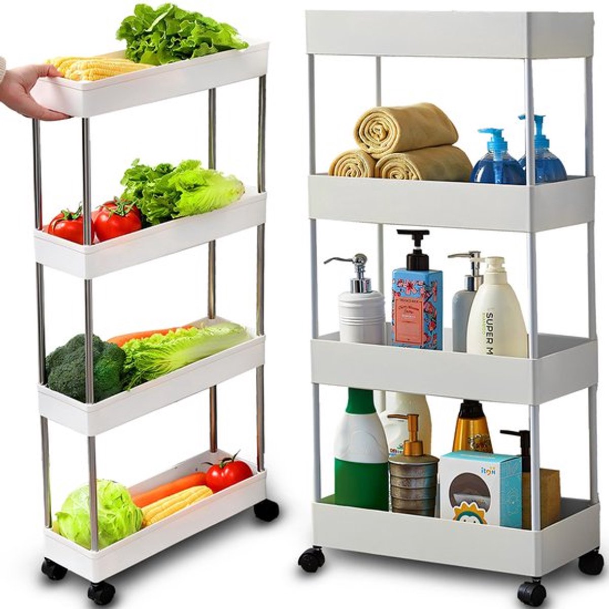 Rolwagen met 4 niveaus - Opbergrek op wielen - Keukentrolley - Badkamerrek - Compacte afmetingen 87 x 13 x 40 cm - Eenvoudige steekmontage