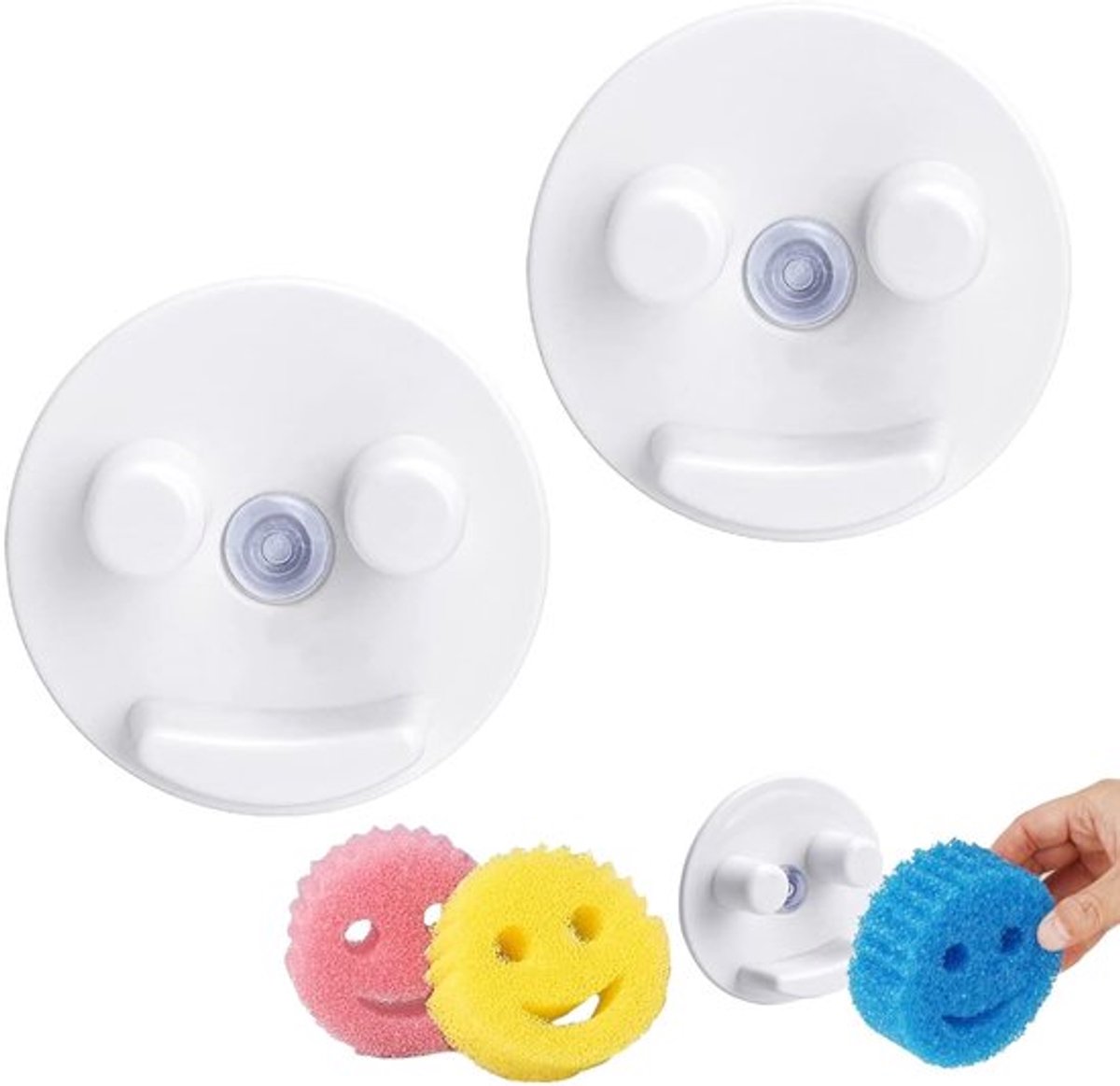 Afwasspons Pack van 5 - Krasvrije Reinigingsspons - Keukenspons - Ruimtebesparend - Sterke Zuignap - Compact Ontwerp - Sponshouder