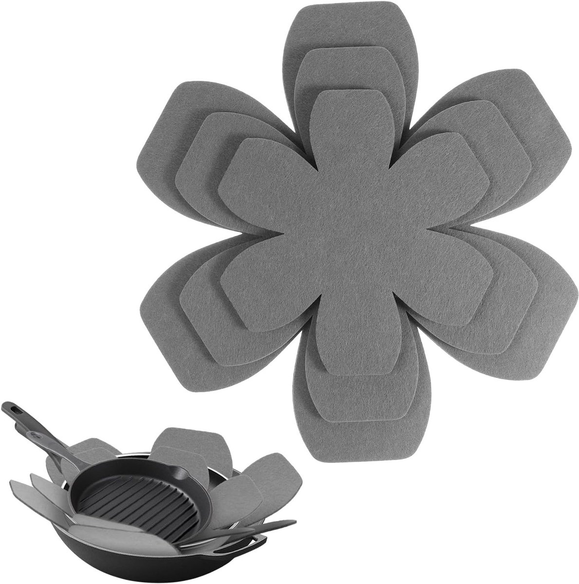 SnelShoppen - 6 Stuks Pannenbeschermers - Vilt Stapelbescherming - Antislip - Verschillende Maten 15/20/25 cm - Grijs - Bescherming tegen Krassen voor