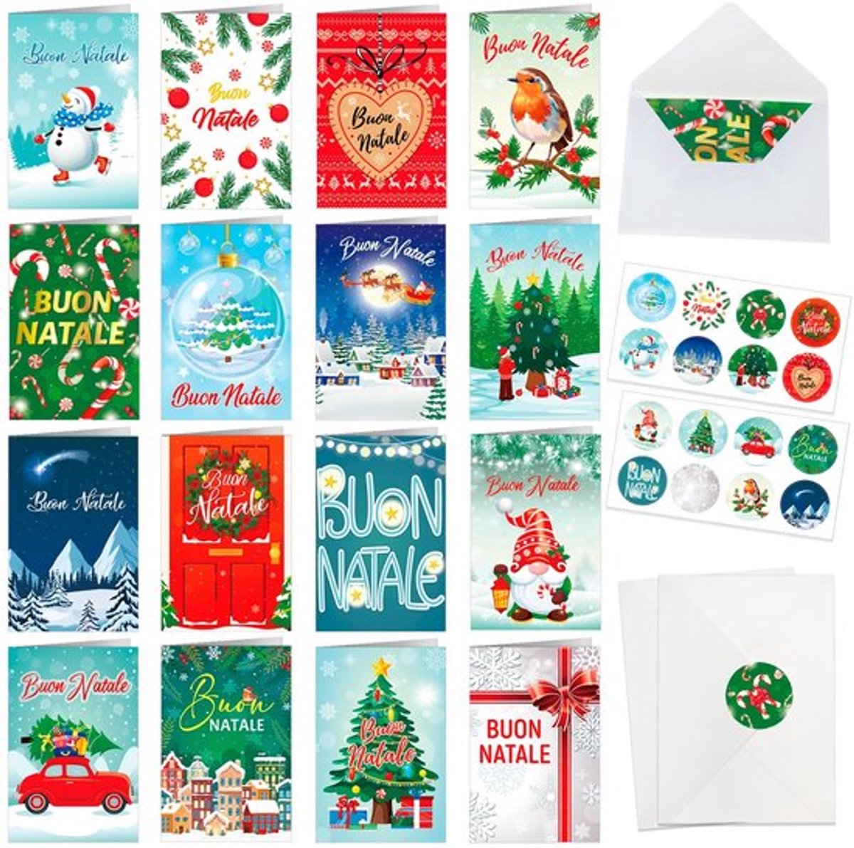 Kerstkaarten Set 16 Stuks - Italiaanse Kerstkaarten - Met Enveloppen - Inclusief Stickers - Vrolijk Kerst - Uniek Design - Wenskaarten