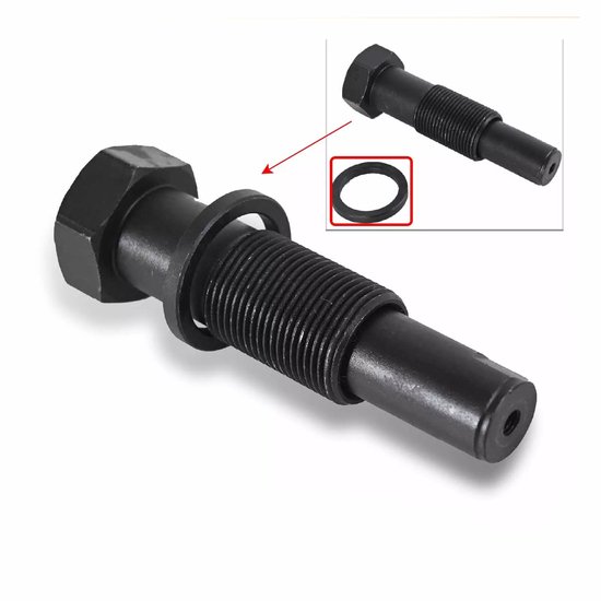 Zwarte kettingspanner met ring op de as, met inzetstuk dat ring en spanner toont.