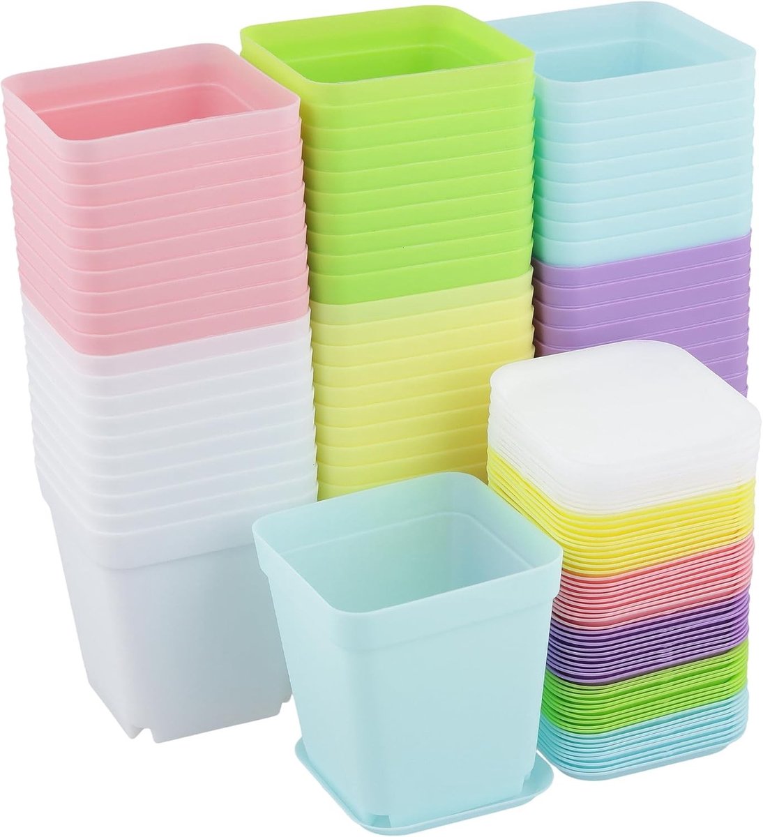 60 Stuks 7 cm Vierkante Plastic Potten met Trays voor Kwekerij, Ideaal voor Vetplanten, Zaailingen en Stekken