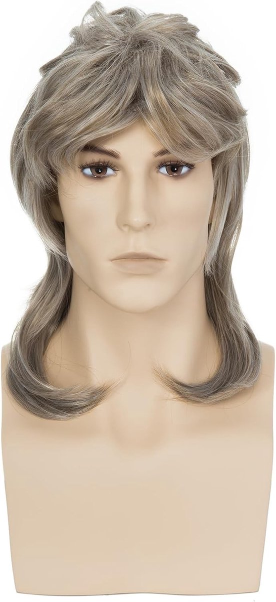 Blonde Mullet Peruk voor Mannen, Krullende 70s 80s Vintage Kostuum Peruk, Synthetisch Haar voor Feest en Carnaval