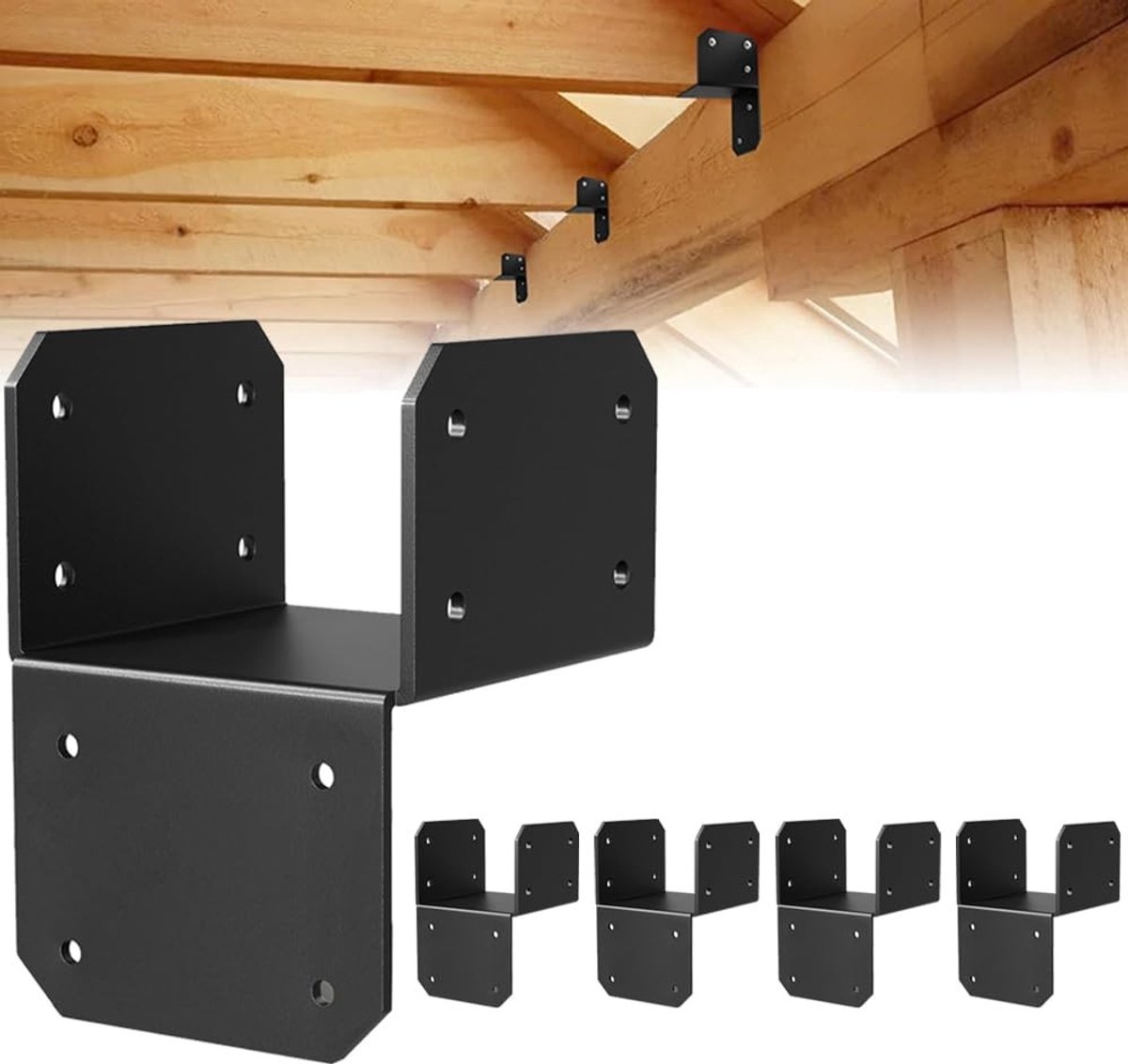 Houten verbinders voor 76 x 89 mm kanthout, U-vormige paalconnectoren, zwart gepoedercoat staal, ideaal voor pergola's, carports en houten constructies, 4 stuks