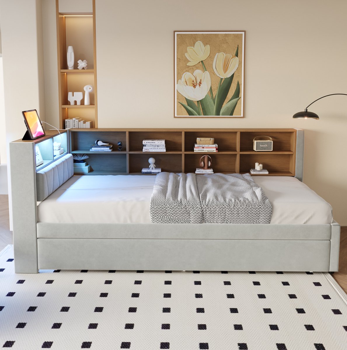 COVREO Bed 90x200 cm lichtgrijs met LED en uitziehbed zonder matras