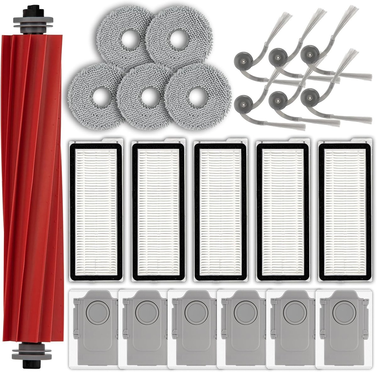 Complete Accessoireset voor Robotstofzuiger met 1 Rollerborstel, 6 Zijkwasten, 6 Stofzakken en 5 HEPA Filters