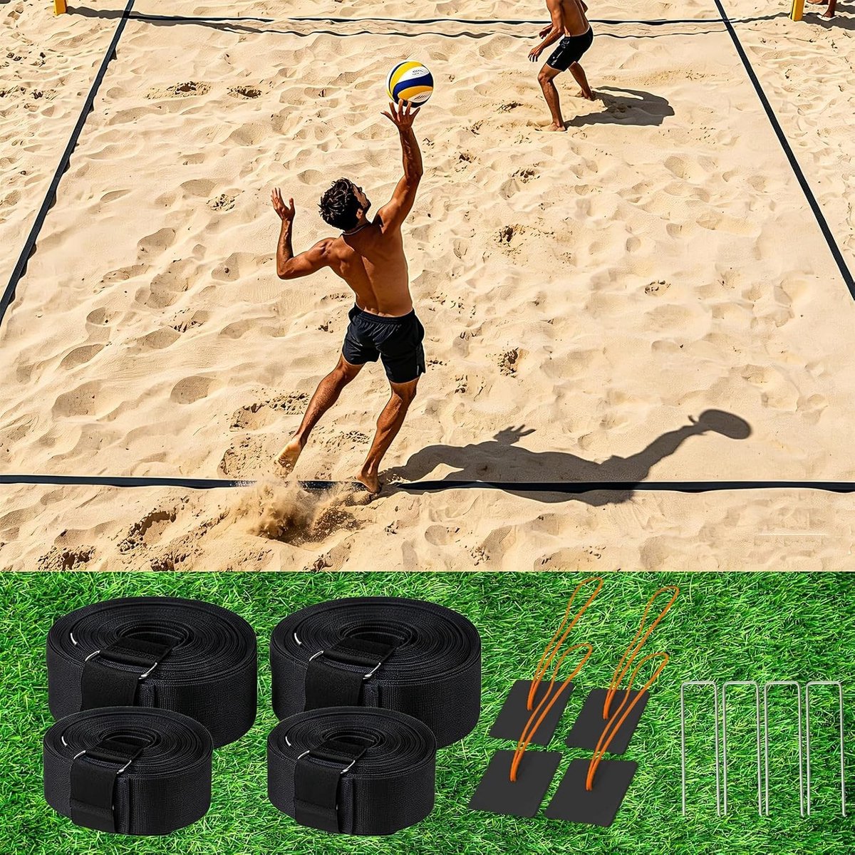 Draagbare 2-in-1 beachvolleyballijnen voor zandstrand en gazon, speelveldmarkering met middenlijn en plaatslijnen voor outdoorsport en recreatie