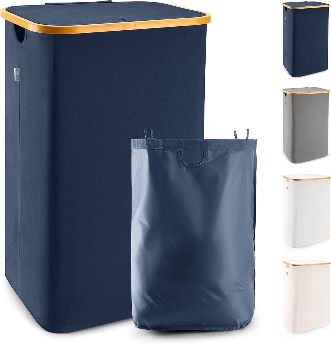 SnelShoppen - LONBET Wasmand met Deksel 100L - Stijlvolle Ademend Bamboe Wasmand - Inclusief Uitneembare Waszak - Waterdichte Wasmand in Blauw voor Th