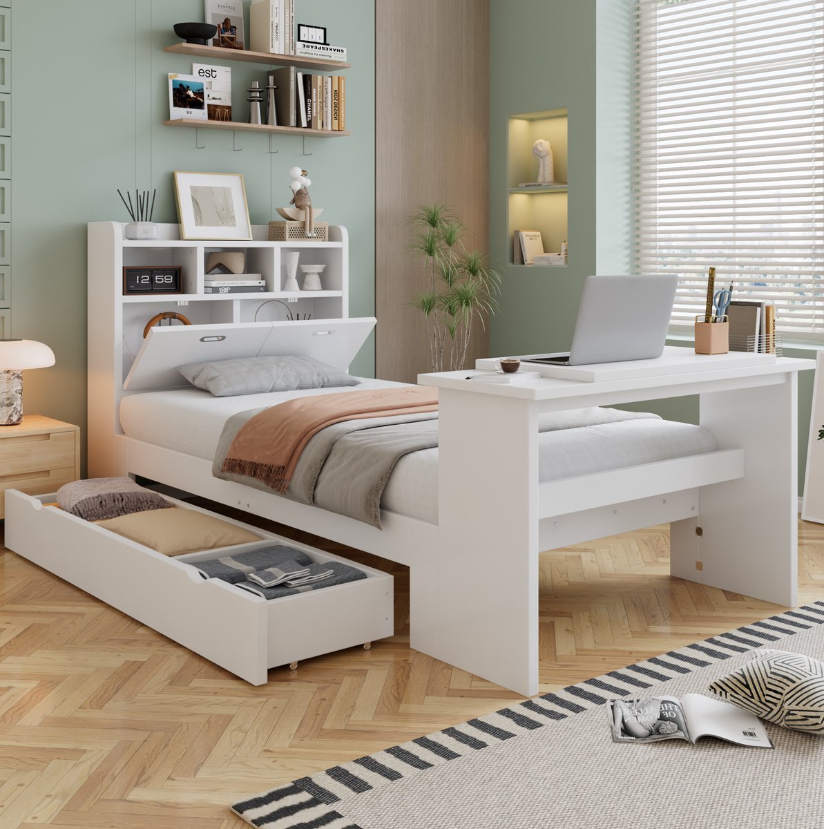 Wishdor Kinderbed 90x200 cm - opbergruimte - klaptafel - wit - spaanplaat - lattenbodem - 264 x 97 x 120 cm
