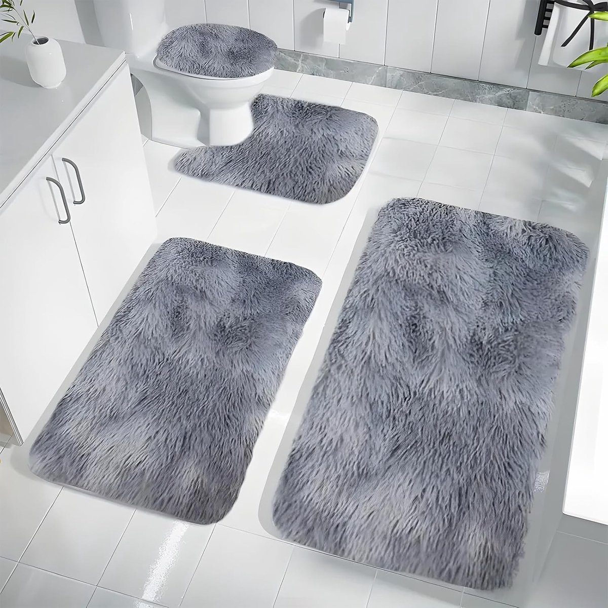 Toiletmatset van 4 Stuks met Uitsparing, Antislip Badkamermatten, Wasbare Polyester, Lichtgrijs 40 x 60 cm, 40 x 50 cm, 40 x 40 cm, 40 x 80 cm