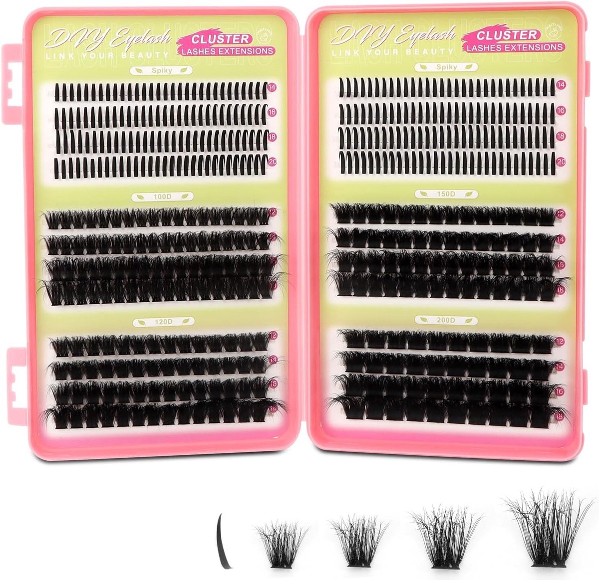 Wimperclusterset met 464 stuks, gemengde dichtheid 100D-200D, 12-20 mm, spiky-design voor natuurlijke, volumineuze en langdurige wimperverlengingen, perfect voor dagelijks gebruik en speciale gelegenheden