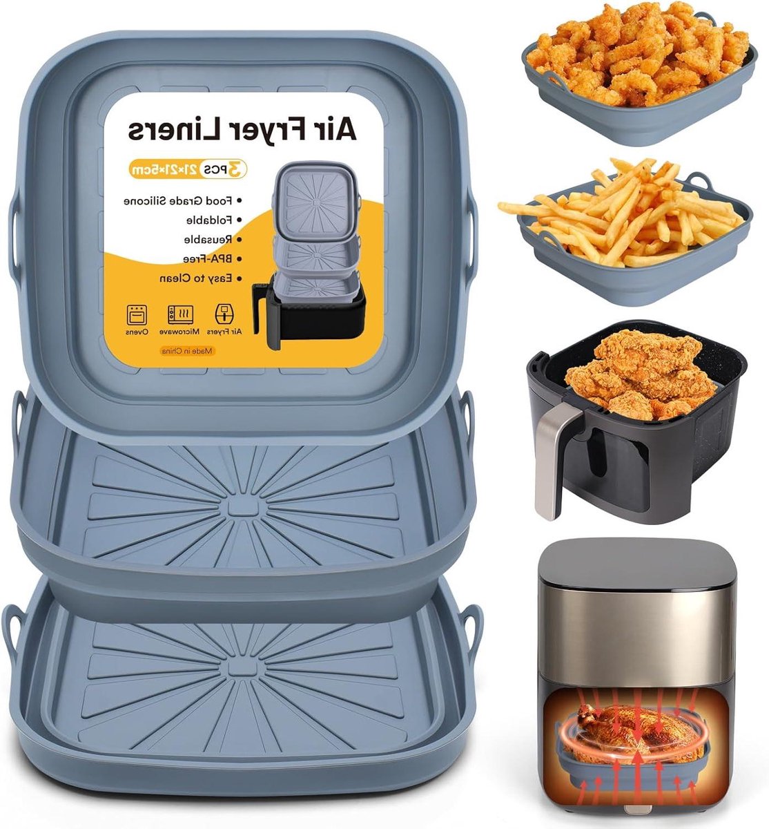 Airfryer Siliconen Pot Heteluchtfriteuse Mand Bakken en Braden Opvouwbaar en Dubbele Handvatten 21 cm Grijs