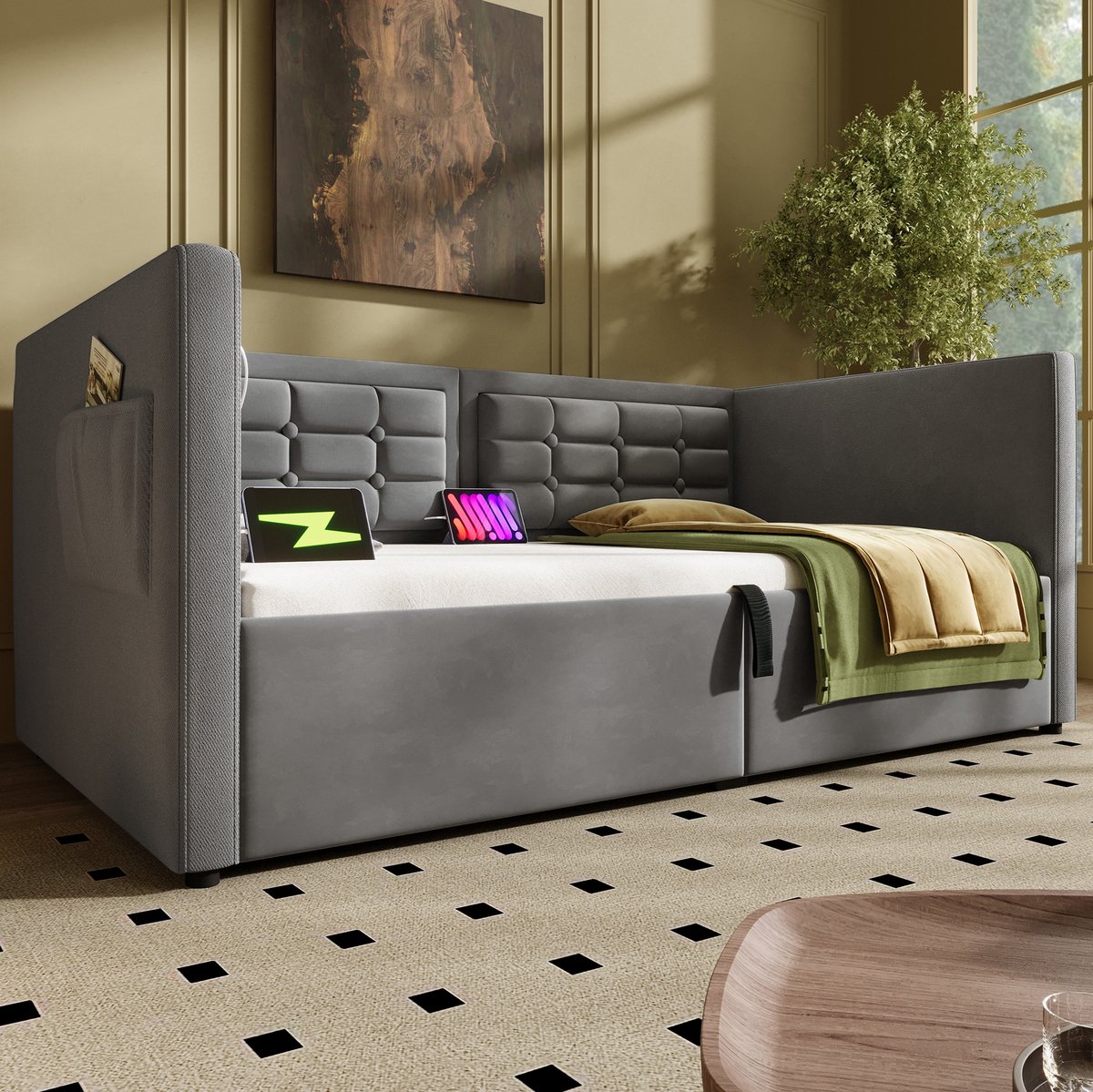 COVREO Bedframe 90x190 cm - grijs velvet, opbergruimte, zonder matras