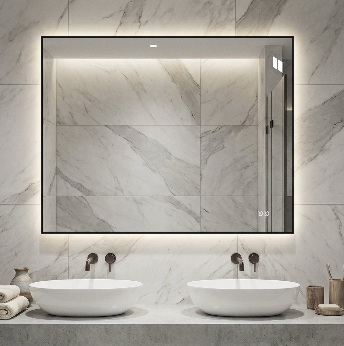 LED Badkamerspiegel 70 x 90 cm Aluminium Frame Rechthoek Silver Anti Condens 3 Lichtkleuren Dimbaar