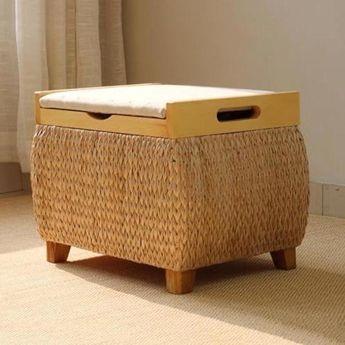 Opbergpoef - Zitbank kruk - Ruimte Organiseren - Massief houten frame - 40x30x32cm - Beige
