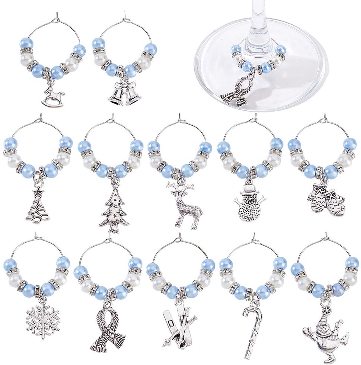 Dailygoods- Wijnglas Charms 12 Stuks - Herbruikbare Drankmarkers - Kerstmotieven/Sneeuwvlokken/Rendieren/Kerstbomen - Duurzaam Metaal - Feestelijke Identifiers voor Bijeenkomsten