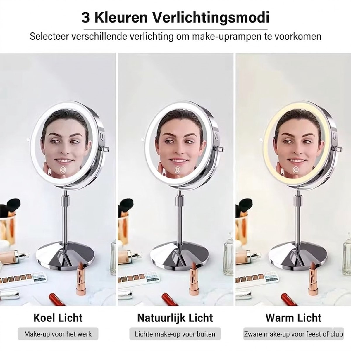KHRONOX® Make Up Spiegel, Make-Up Spiegel Met LED Verlichting, 10x Vergroting, 3 Lichtstanden, USB Oplaadbaar, 2000 Mah, Vergrootspiegel, Make Up Spiegel 10x Vergroting, Badkamerspiegel, Scheerspiegel, 360° Draaibaar, Valentijnsdag, Cadeautje, ZILVER — cadeau in Verzorging - foto 8