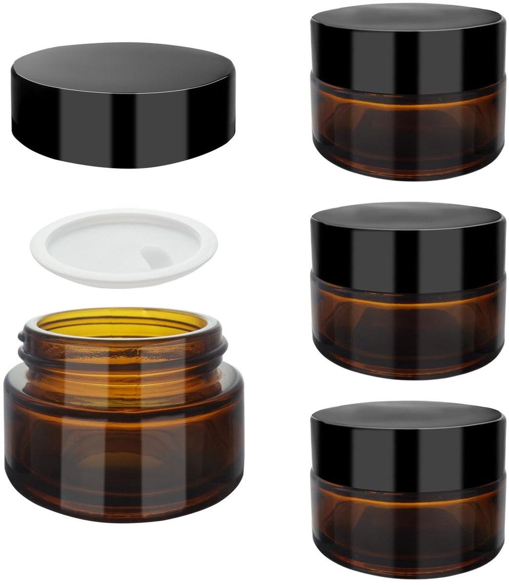Dailygoods- Crèmepot 20ml - Amber Glazen Pot - Set van 4 - Herbruikbare Container - Met Deksel en Liner - Ideaal voor Cosmetica - Cosmetic Jar