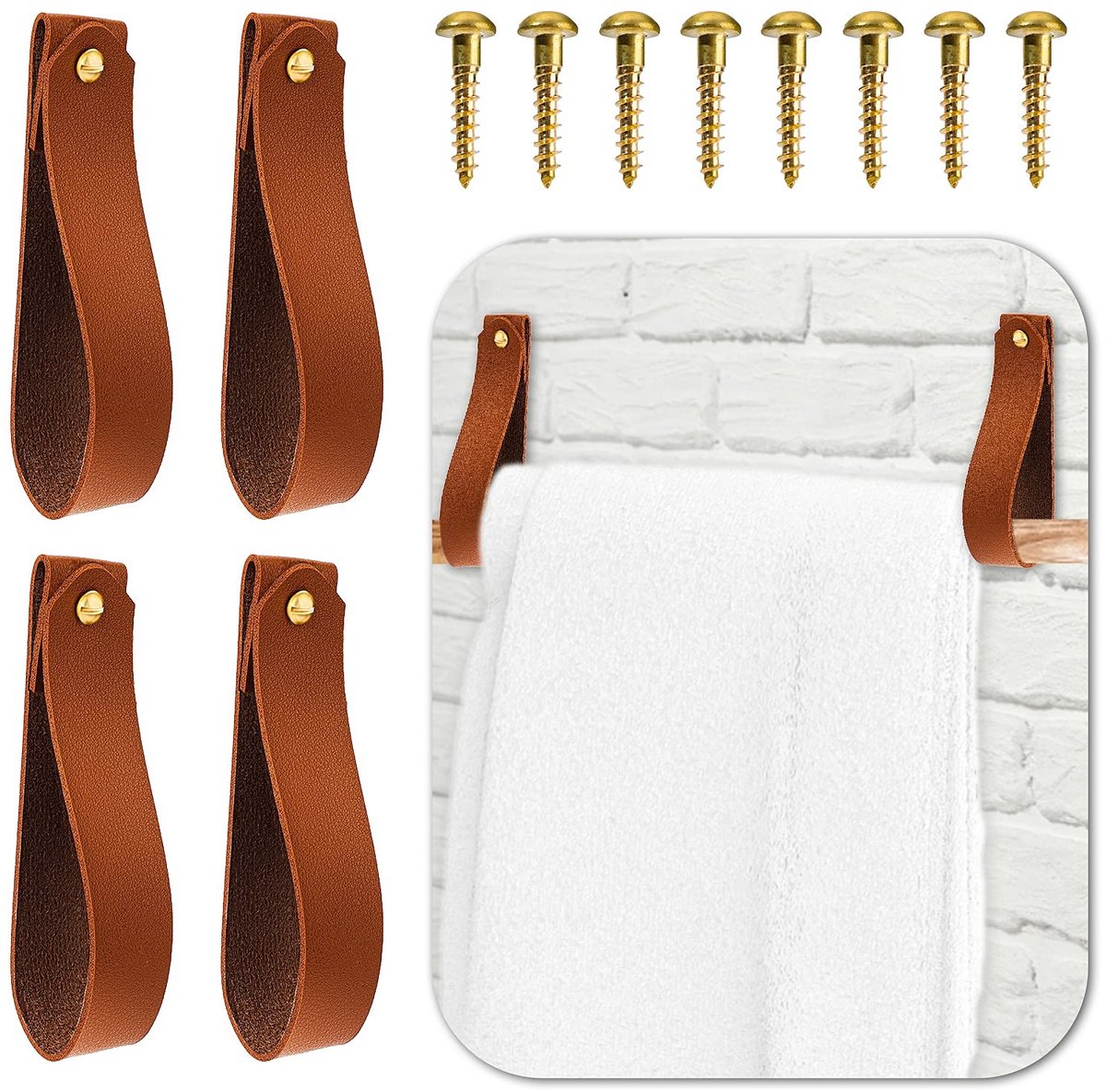 Dailygoods- Wandhaak 4 Stuks - Lederen Haken - Handdoekhaak - Riemen Hanger - Muur Opknoping - Hoogwaardig PU-leer - 2,5 x 12 cm - Haak