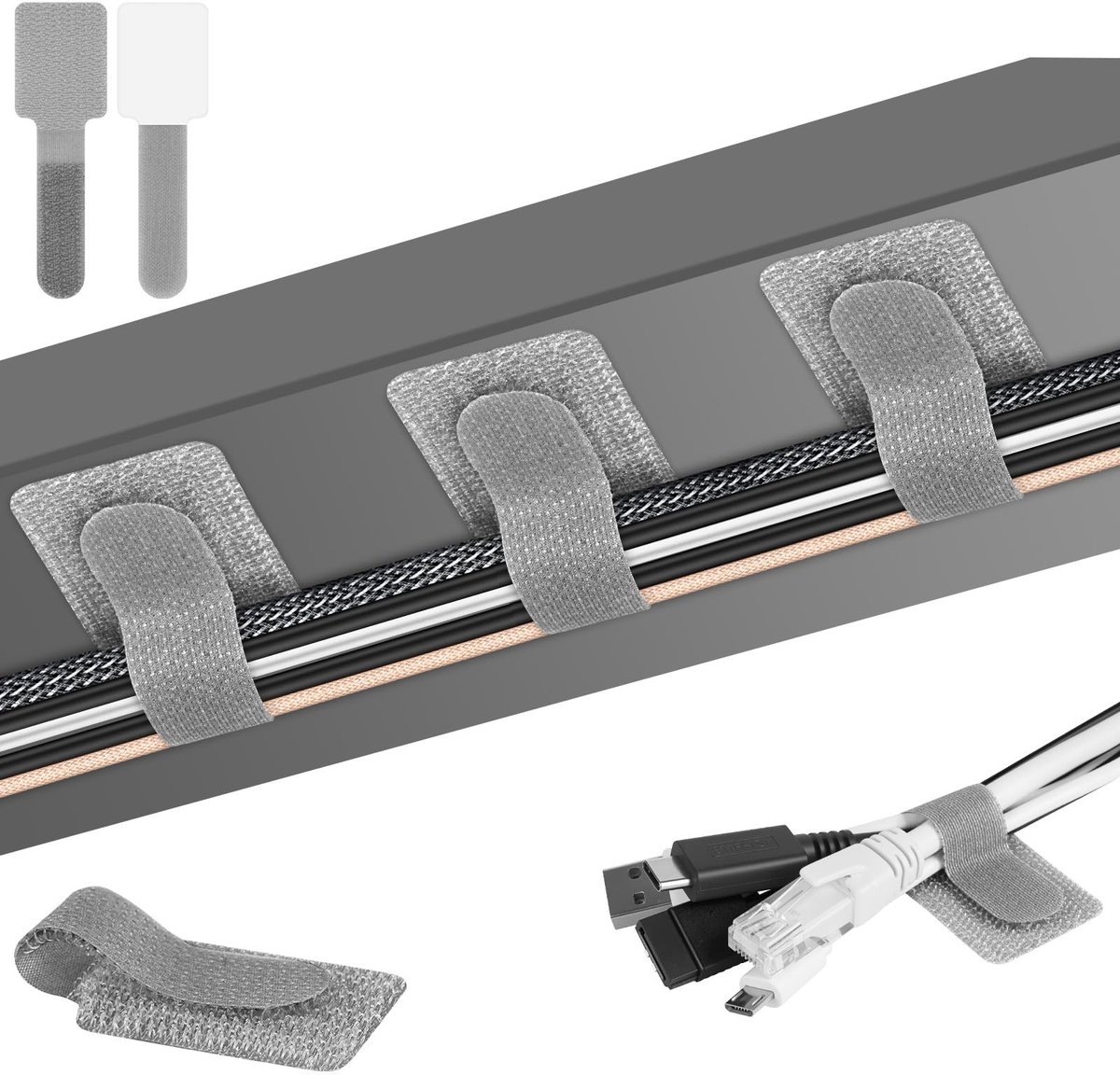 Dailygoods - Zelfklevende kabelbinders - Kabelorganizer voor bureau - Grijs - Klittenband kabelbinders - 36 stuks - Voor tv, pc, laptop
