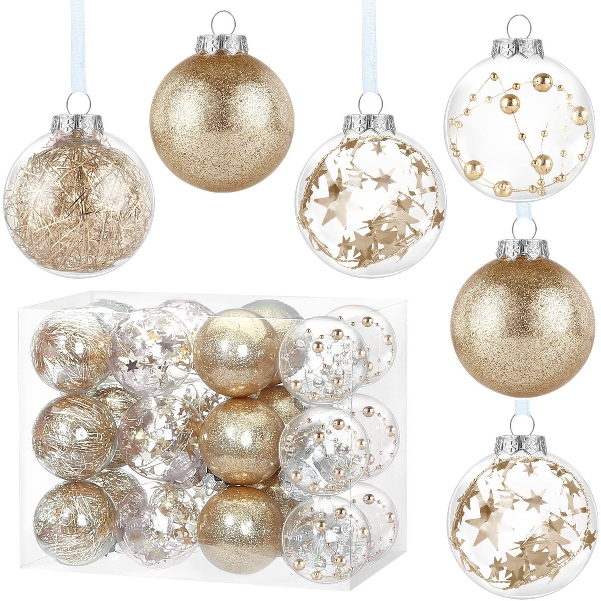 Dailygoods- Kerstballen 24 stuks - Roségoud - Kunststof - Glitter - Druppelbestendig - Waterdicht - Opbergdoos met deksel - Kerstdecoratie