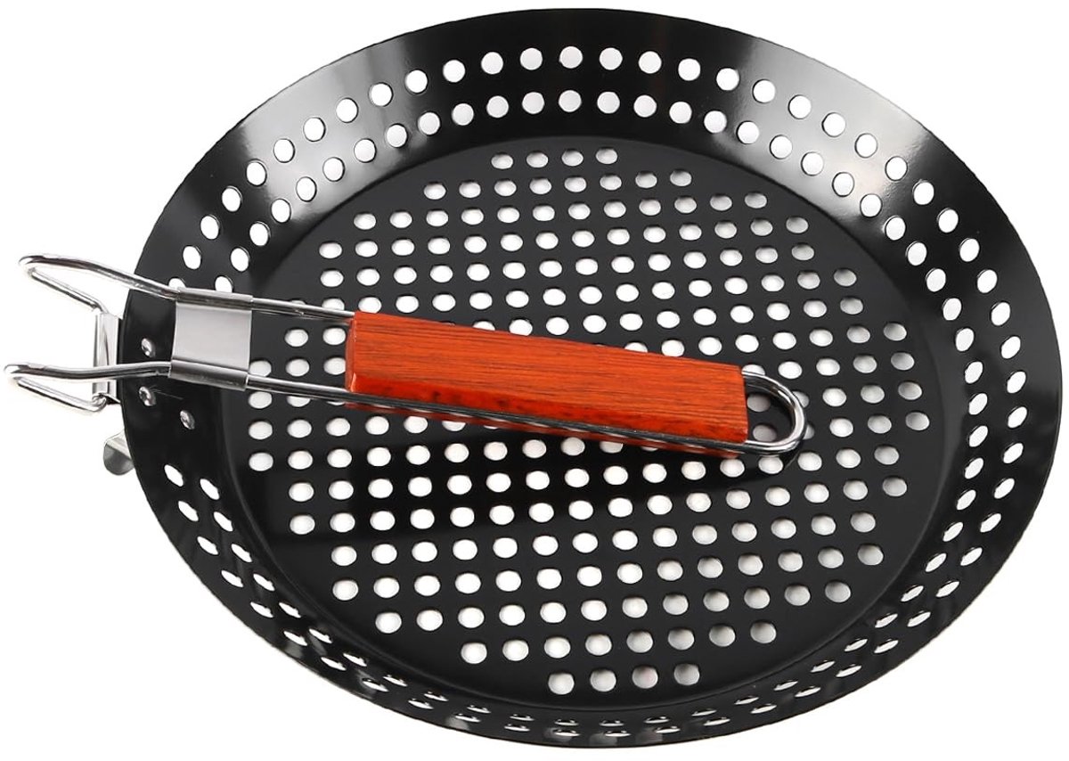 Dailygoods- Grillpan 30 cm - Geperforeerd oppervlak - Antiaanbaklaag - Inklapbare houten handgreep - Draagbaar - Voor buitenbarbecue - Grillplaat