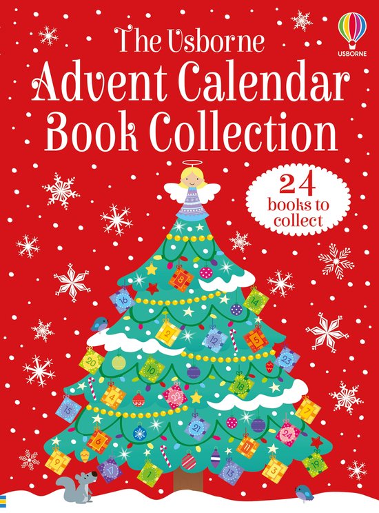 Couverture du livre 'The Usborne Advent Calendar Book Collection' avec un sapin de Noël rempli de cadeaux numérotés et 24 livres à collectionner.