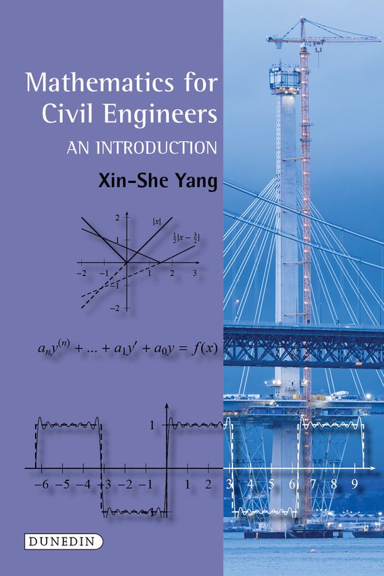 Couverture de livre avec le titre 'Mathematics for Civil Engineers' et des images de graphiques et d'un pont avec grue.