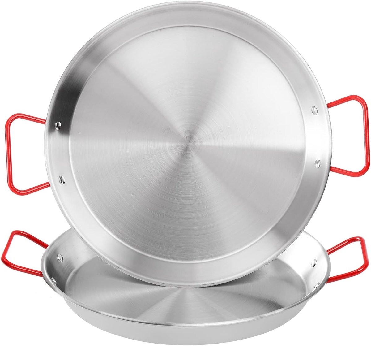 Paellapan - RVS Paella Pan - Met Rode Hittebestendige Handvatten - Platte Bodem Gelijkmatige Warmte - Voor Paella/Roerbakken/Ovenschotels - Voor Thuis/Camping/Restaurant - Zilver + Rode Handvatten - Diameter 28cm Per Pan - 2 Stuks