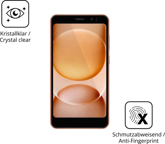 Een smartphone met oranje achtergrond, met "kristalhelder" icoon links en "anti-vingerafdruk" icoon rechts.