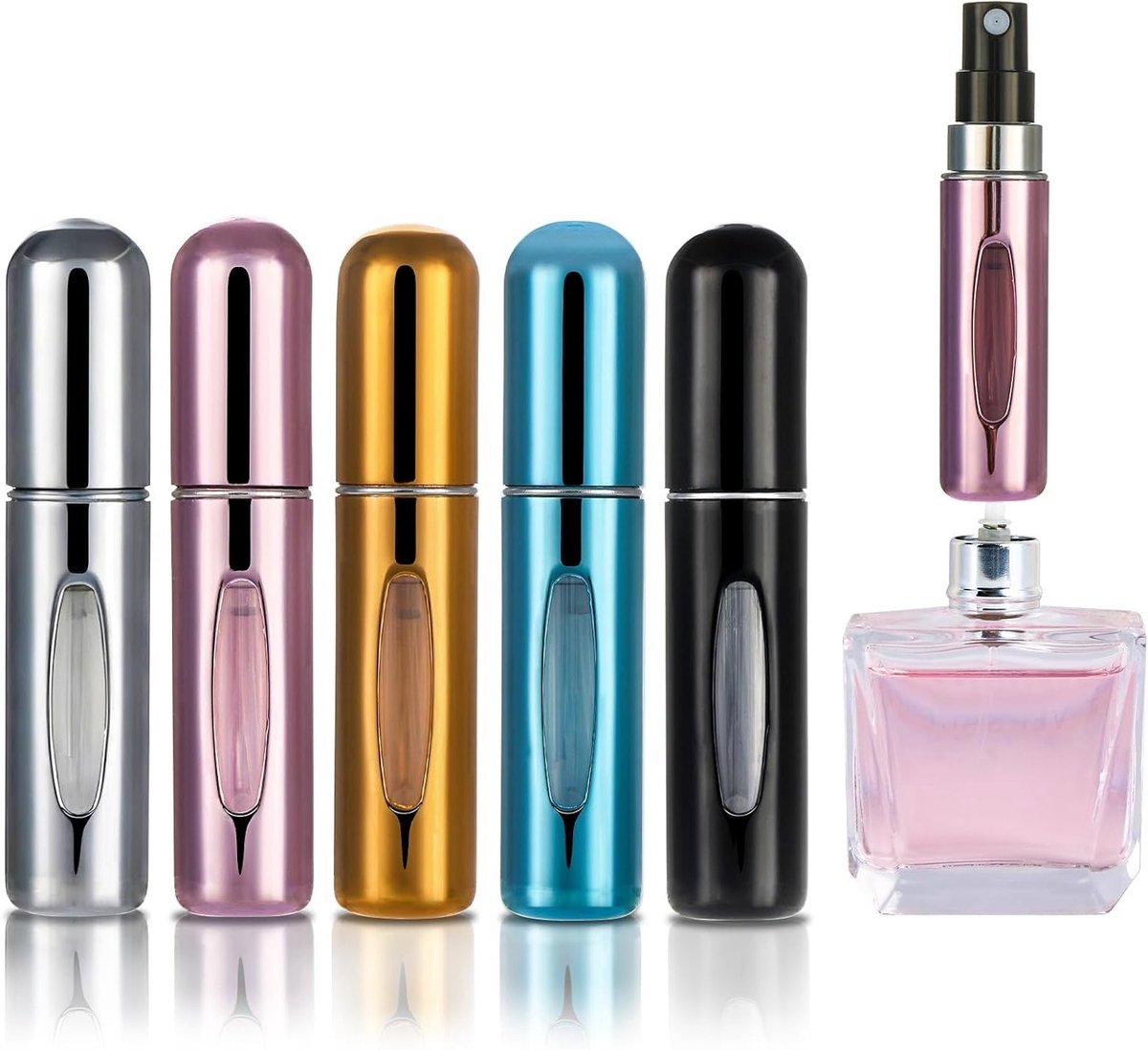 Vulbare Mini Sprayflessen 5ml - Set van 5, Lekvrije Reisparfumflessen, Compact en Herbruikbaar voor Handtas en Koffer