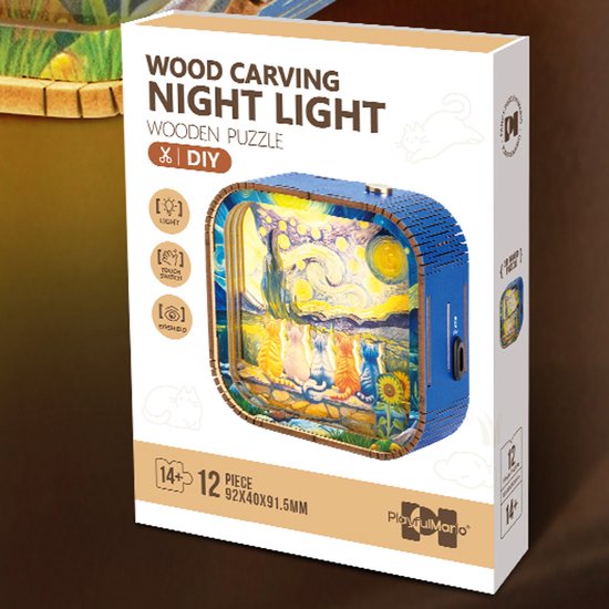 Kitcreatives- Bouwpakket Nachtlampje Katten bij Sterrenhemel- hout van Kitcreatives — afbeelding 2