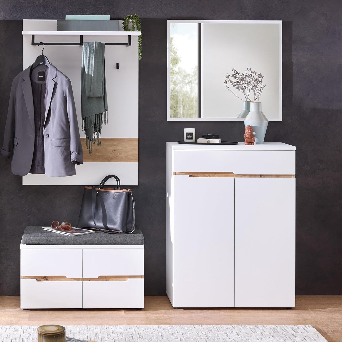 Schoenenkast met Lade en 2 Deuren - House&Garden Memphis - Wit met Artisan Eiken Look - 80 x 107 x 38 cm - Schoenenrek met Opbergruimte - Halmeubel met Verstelbare Planken - Vrijstaande Schoenopberger voor Entree en Gang