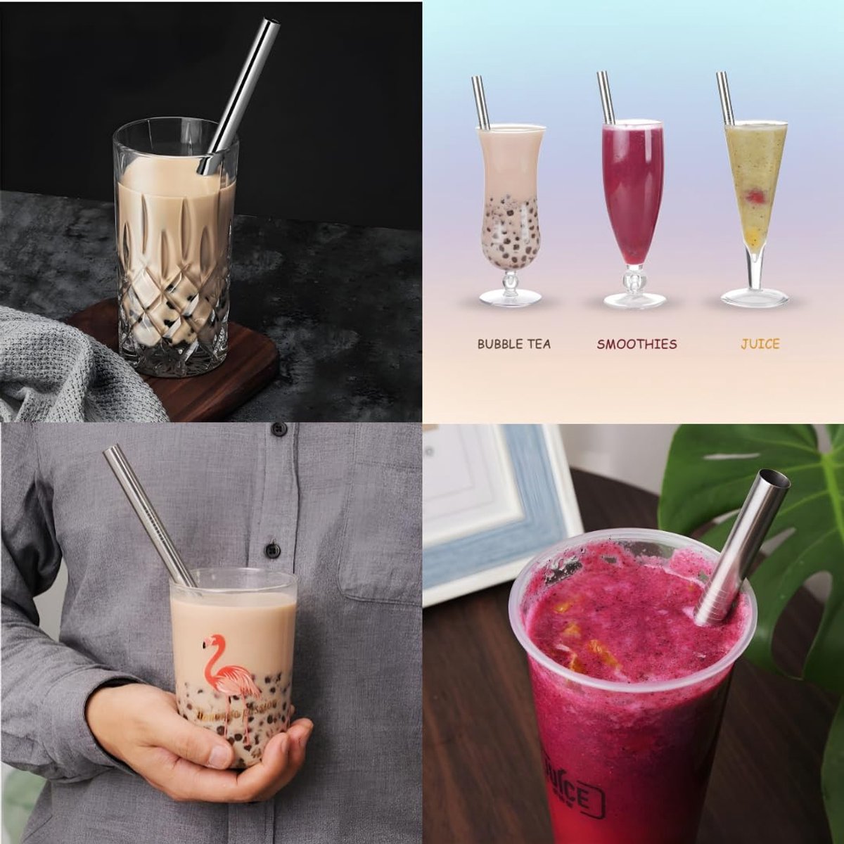 5 stuks - boba rietje - rvs drinkrietje - metalen rietje - zilver - herbruikbaar rietje - tapioca riet - Roestvrijstalen Bubble Tea Riet Set - Duurzame Metalen Drinkrietjes voor Smoothie en Milkshake - Inclusief schoonmaakborstel en opbergtas — cadeau in Kookcadeaus - foto 5