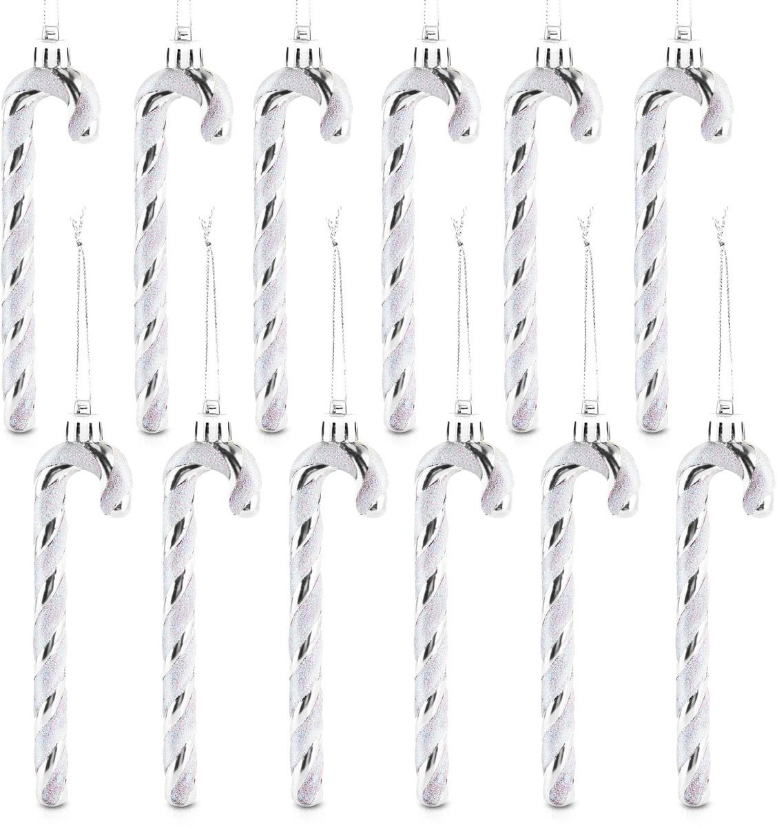 Dailygoods- Suikerstokdecoratie 12 stuks - Kerstboomversiering - Glitter - Hanger met koord - Kunststof - 13 cm lang - Kerstversiering
