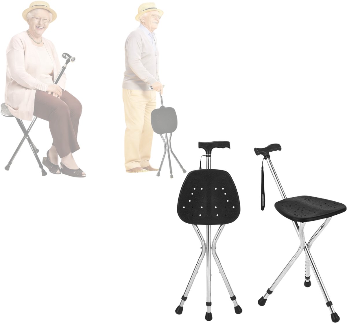Wandelstok met Zitje - Zitwandelstok - Zwart