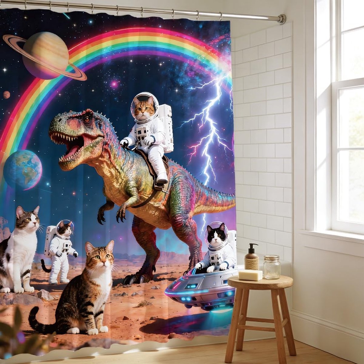 Dailygoods - Douchegordijn Kat Dinosaurus - Waterdicht en machinewasbaar met 12 haken, 183 x 183 cm