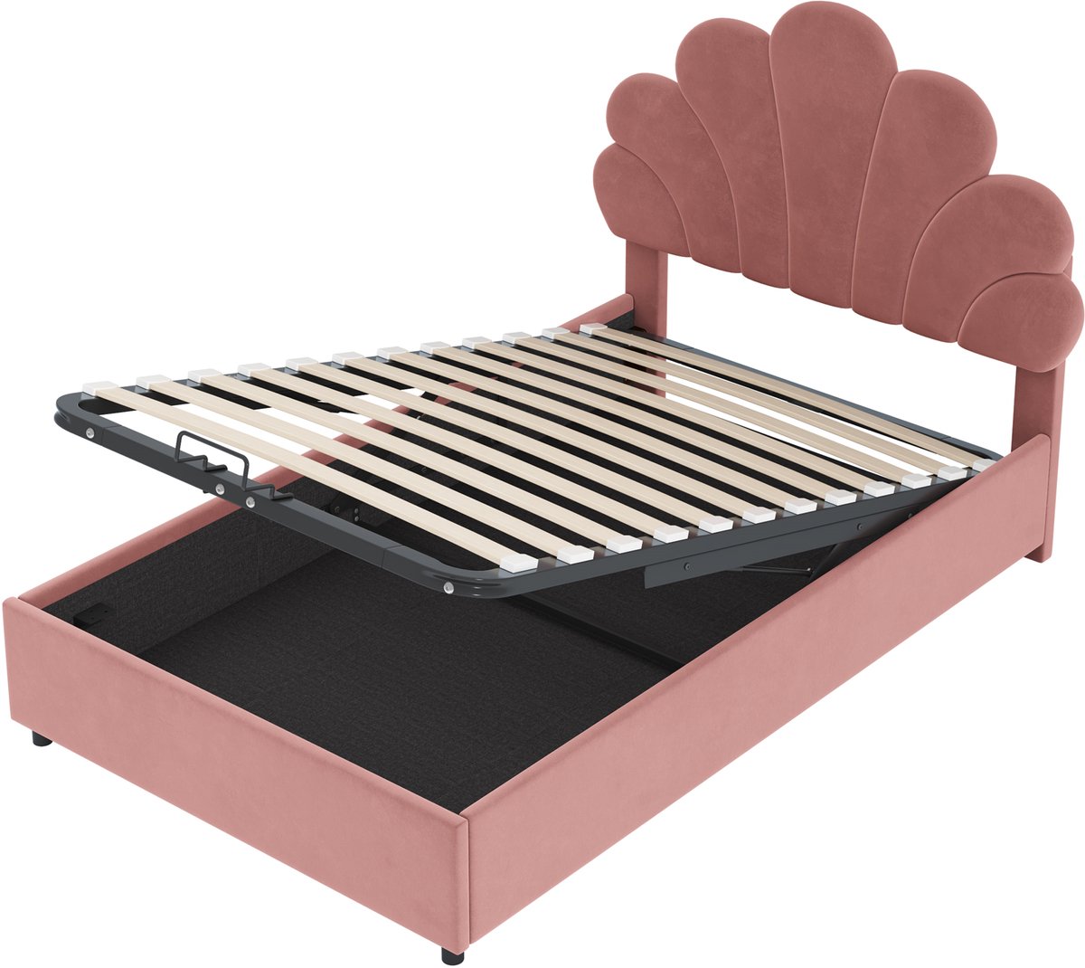 COVREO Bed 90x200 cm roze, stoffen bed met hydraulische opbergruimte