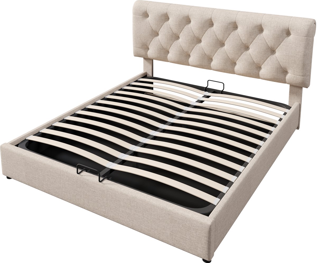 COVREO Bed met verstelbaar hoofdeinde – 140x200 cm – Opbergbed met hydraulische lift – Voor 2 personen – Naturel - zonder matras