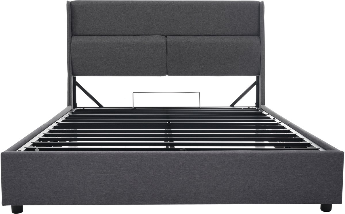 COVREO Bed met verstelbaar hoofdeinde – 160x200 cm – Tweepersoonsbed met opbergruimte – Metalen lattenbodem – Grijs - zonder matras