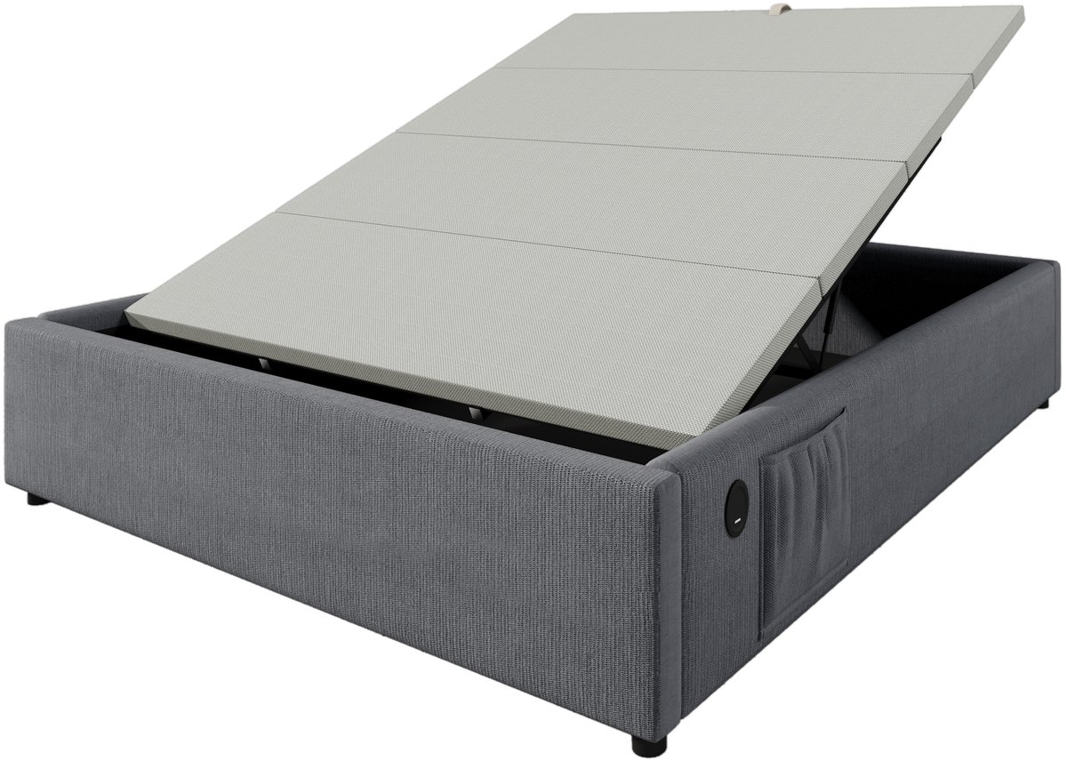 COVREO Bedframe 140x200 cm grijs, stof, opbergruimte, USB, zonder matras