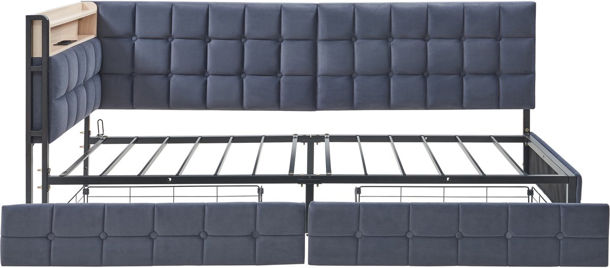 COVREO Slaapbank met 2 lades – 90x200 cm – Bedbank met LED en oplaadpunt – voor kleine ruimtes en logeerkamers – Grijs - zonder matras