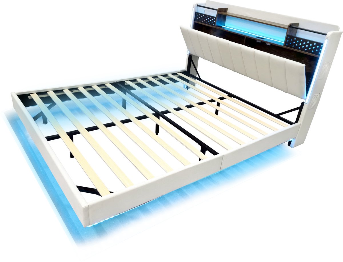 COVREO Bed 140x200 cm beige stof met LED en opbergruimte zonder matras