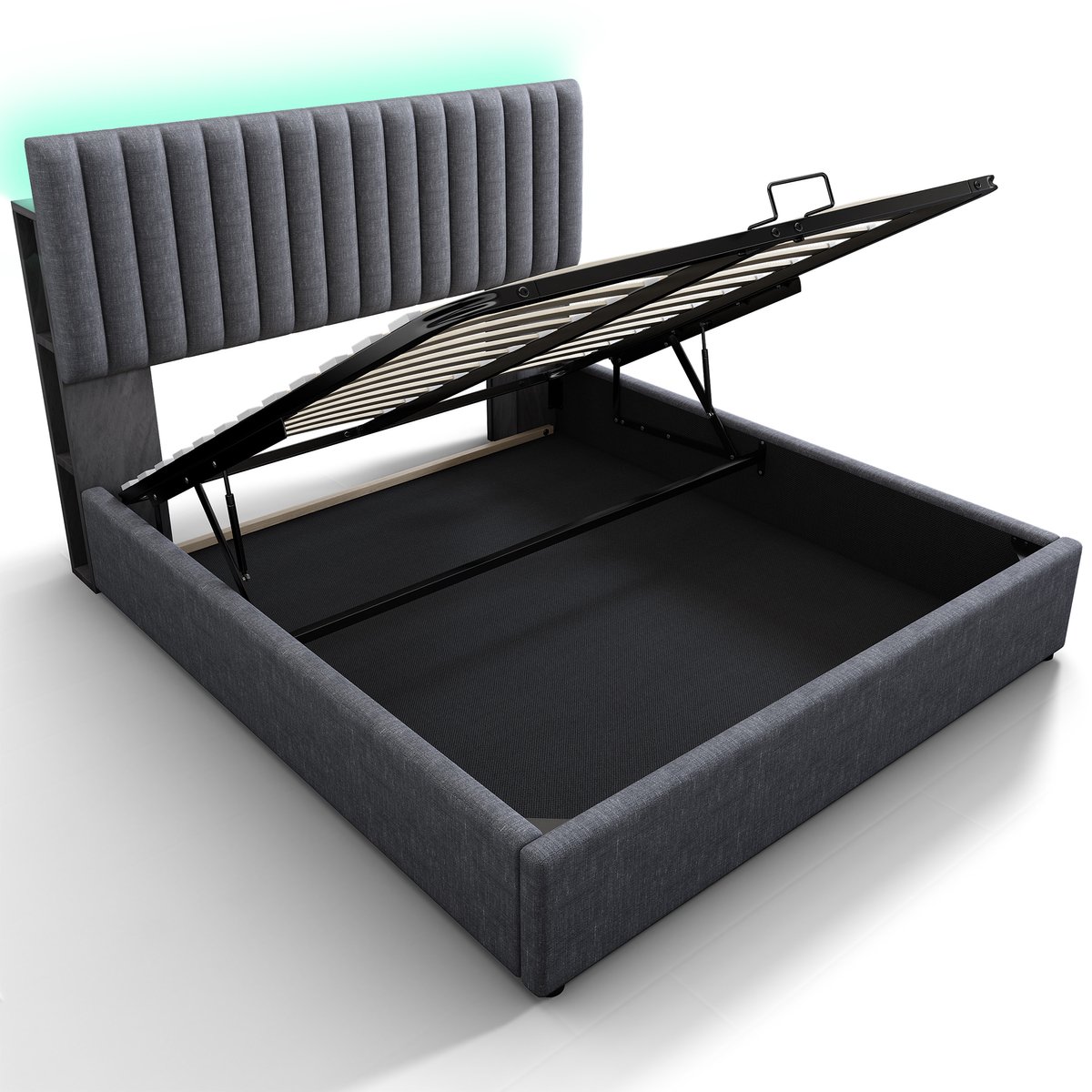 Gestoffeerd bed met opbergruimte, tweepersoonsbed, ledverlichting, app-bediening, USB Type-C-oplaadmogelijkheid, opbergruimte en verstelbaar hoofdeinde, 140x200 cm, lattenbodem, grijs (matras niet inbegrepen).