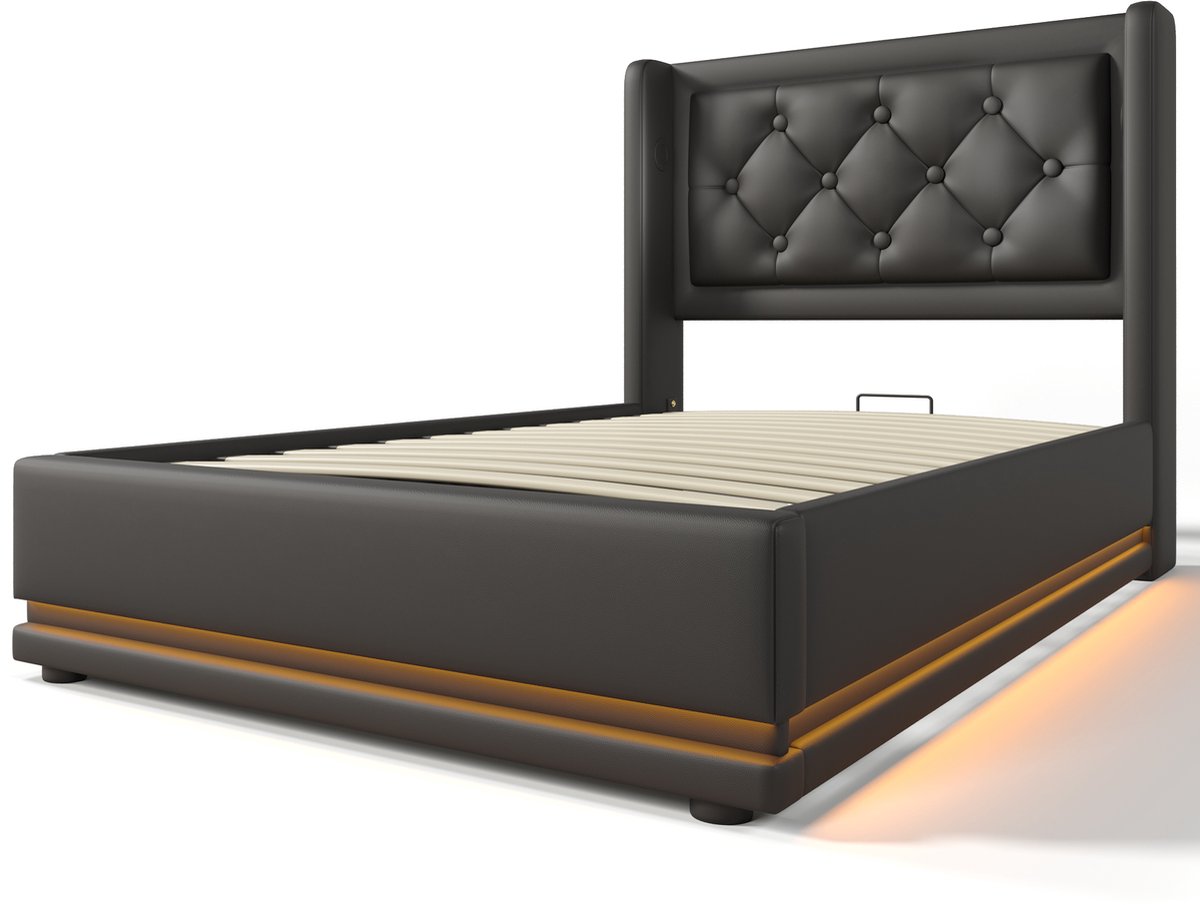 COVREO Bedframe 90x200 cm zwart PU, opbergruimte en LED, zonder matras