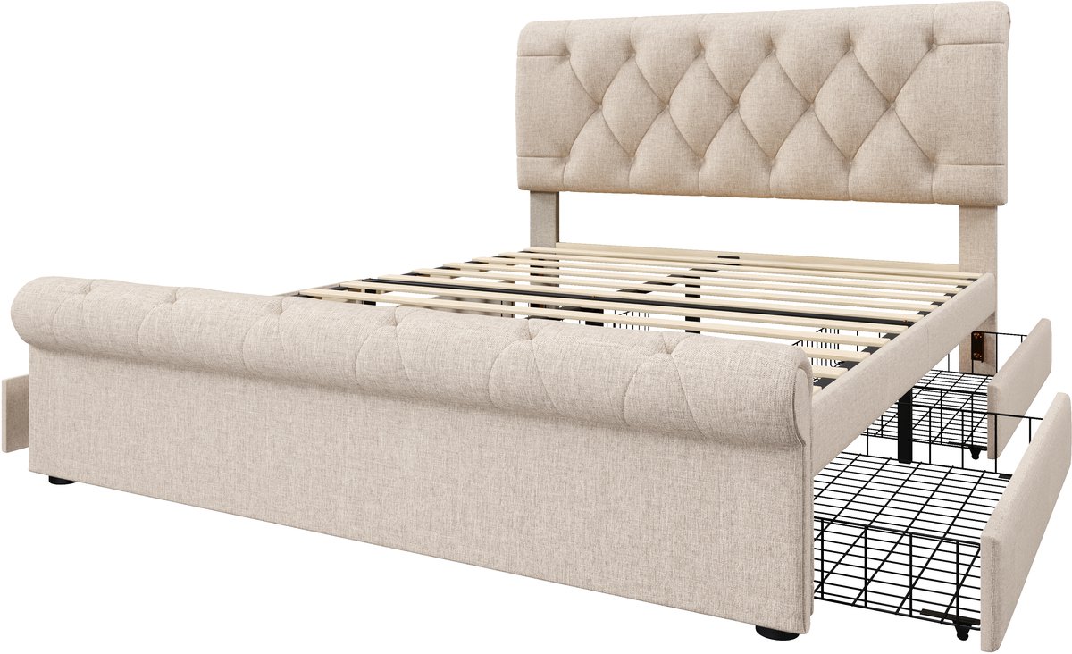 COVREO Bedframe 140x200 cm 148 cm breed, naturel, 4 lades, met matras Natural