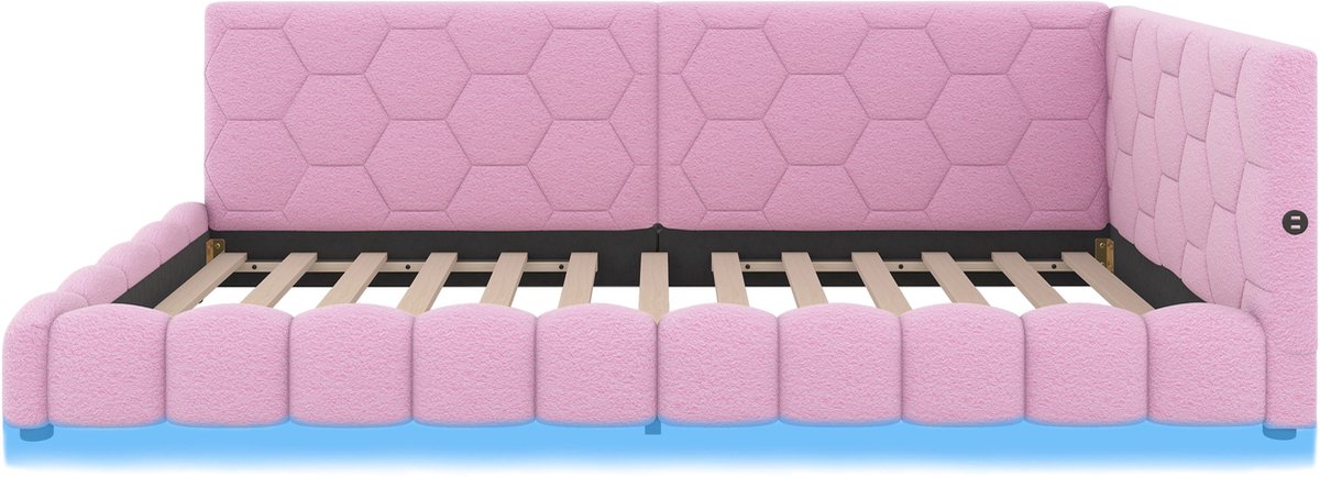 COVREO Daybed 90x200 cm Roze - Slaapbank met Lattenbodem, USB & Type-C, 16 Kleuren Omgevingslicht - Zonder Matras Pink